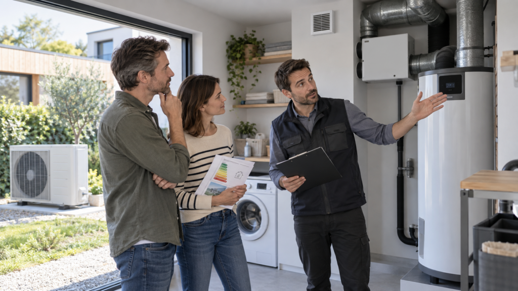 Couple échangeant avec un professionnel sur une pompe à chaleur, une VMC et un chauffe-eau thermodynamique dans le cadre de MaPrimeRénov’ 2026